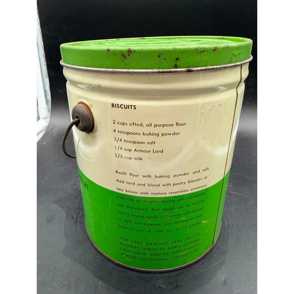 Vintage Armour Pure Lard 4lb Tin Pail with Lid and Recipes Farmhouse Decor